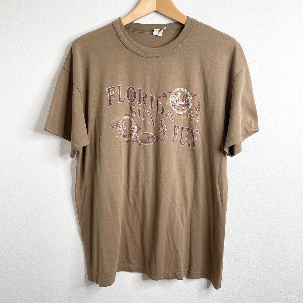 Vintage 90s Florida‎ Sun and Fun Graphic T Shirt Tan Short Sleeve Travel Women's